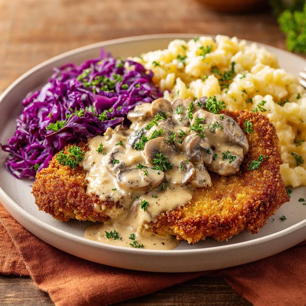 Klassisches Jagerschnitzel Mit Pilzrahm Serviert 1 Klassisches Jägerschnitzel mit Pilzrahm serviert auf einem Teller mit Rotkohl und Kartoffelpüree, garniert mit frischer Petersilie.