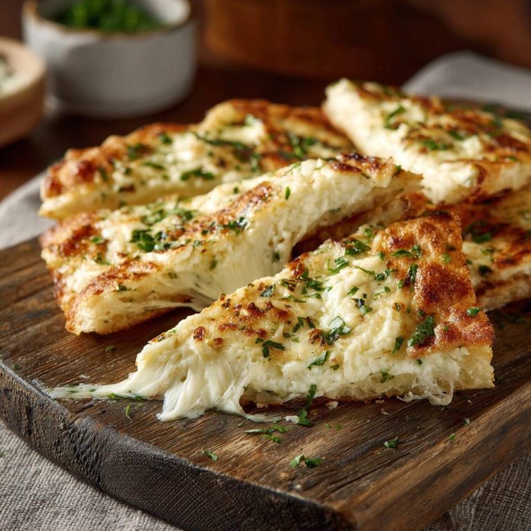 Knoblauch-Käse-Fladenbrot im Nahaufnahme-Querschnitt, der den geschmolzenen Käse und die knusprige Kruste zeigt.