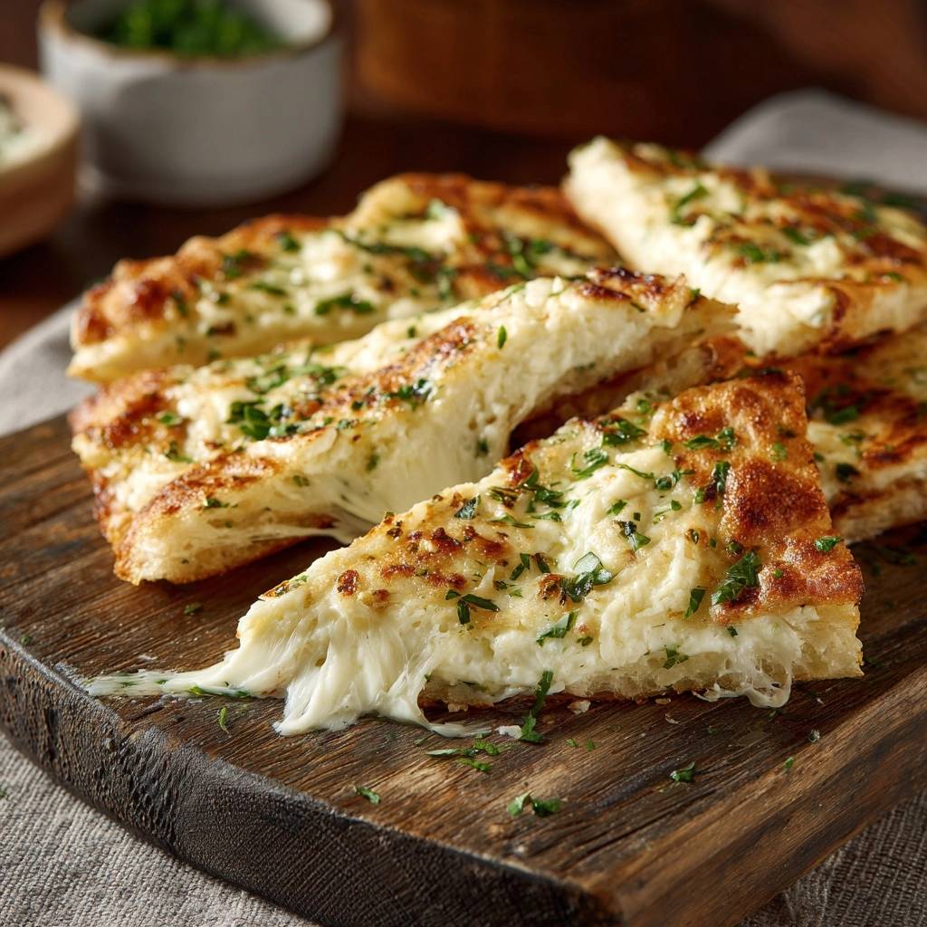 Knoblauch-Käse-Fladenbrot im Nahaufnahme-Querschnitt, der den geschmolzenen Käse und die knusprige Kruste zeigt.