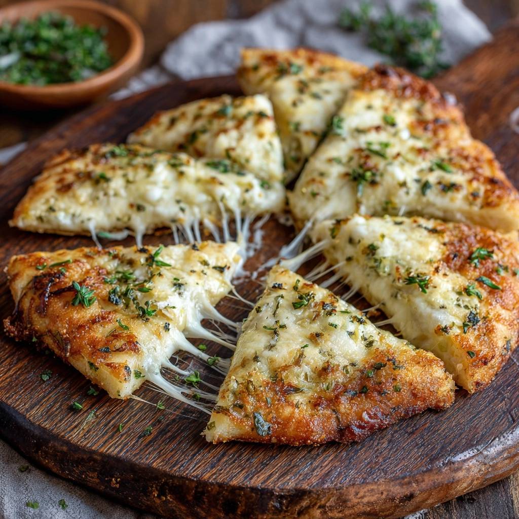 Knoblauch Kase Fladenbrot Zerschnitten Nahaufnahme 1 Knoblauch-Käse-Fladenbrot in Nahaufnahme: Die köstlichen Käsefäden ziehen sich beim Zerteilen, ein Genuss für das Auge.