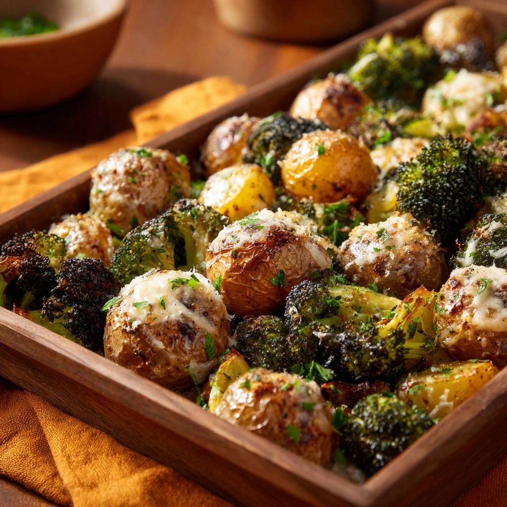 Knusprige Parmesan Kartoffeln Mit Brokkoli Vom Blech Draufsi 1 Knusprige Parmesan-Kartoffeln mit Brokkoli vom Blech in einer Holzschale, serviert mit frischem Parmesan und Kräutern. Ein köstliches vegetarisches Gericht.