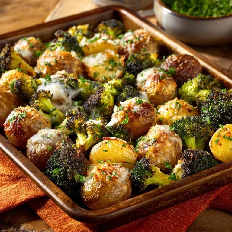 Knusprige Parmesan-Kartoffeln mit Brokkoli vom Blech in einer Holzbackform, serviert mit frischen Kräutern und geschmolzenem Käse.