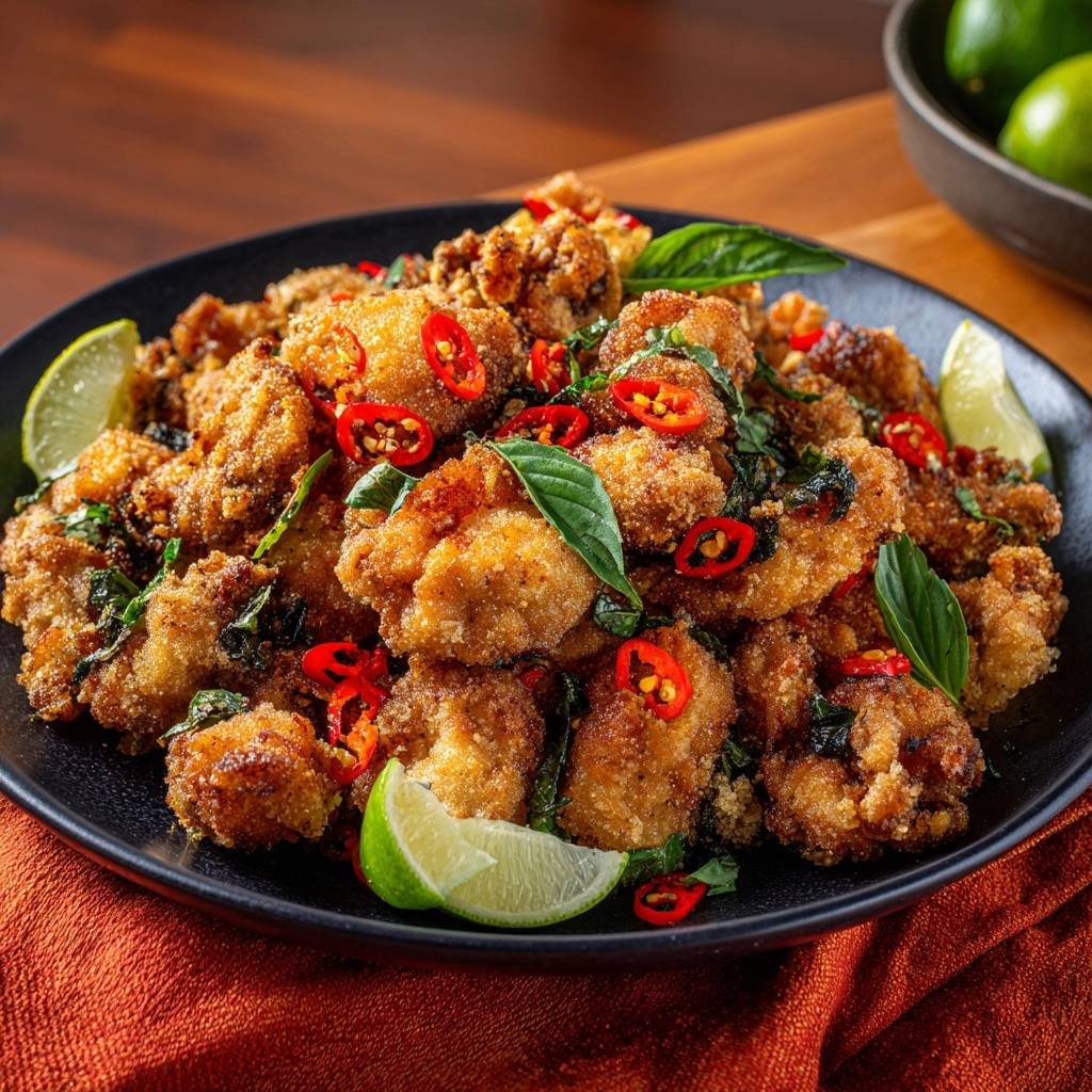 Knuspriges Chili Limetten Huhnchen Nahaufnahme Garniert 1 Knuspriges Chili-Limetten-Hähnchen, serviert auf einem schwarzen Teller, mit frischen Chilis, Limettenspalten und duftenden Basilikumblättern garniert.