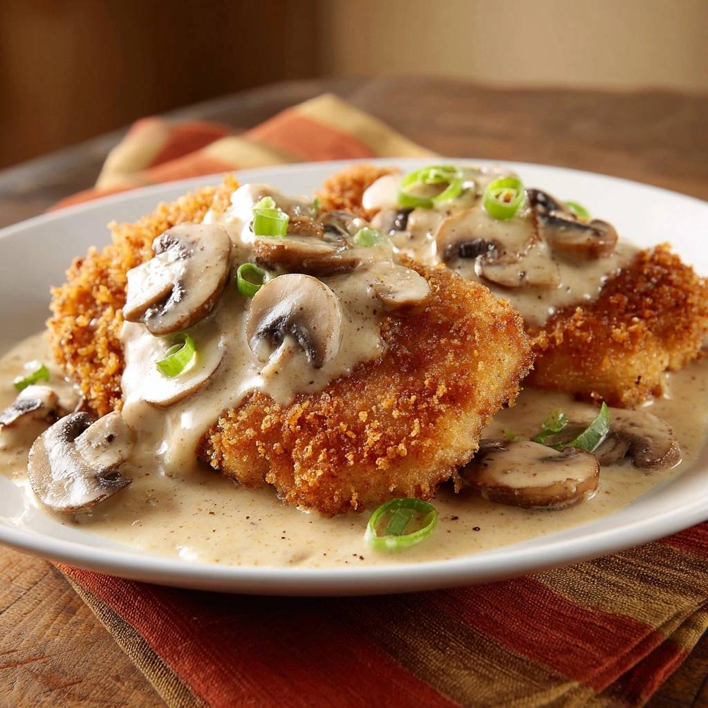 Knuspriges Huhn Schnitzel Mit Pilzrahm Serviert 1 Knuspriges Hähnchen-Schnitzel mit Pilzrahm serviert auf einem weißen Teller, garniert mit frischen Pilzen und Schnittlauch.