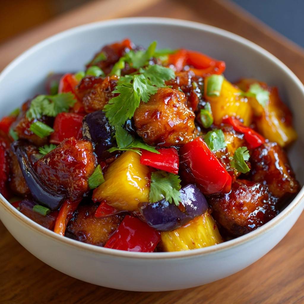 Knuspriges Suess Sauer Huehnchen Mit Ananas Und Aubergine Se 1 Knuspriges Süß-Sauer Hähnchen mit Ananas und Aubergine, serviert in einer Schüssel, garniert mit frischem Koriander. Ein farbenfrohes, appetitliches Gericht.