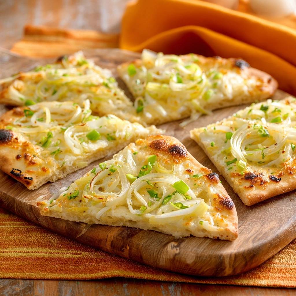 Knuspriges Zwiebel Flatbread Serviert 1 Knuspriges Zwiebel-Flatbread, serviert auf einem rustikalen Holzbrett, präsentiert die köstlichen Zwiebeln und den perfekt gebackenen Teig.