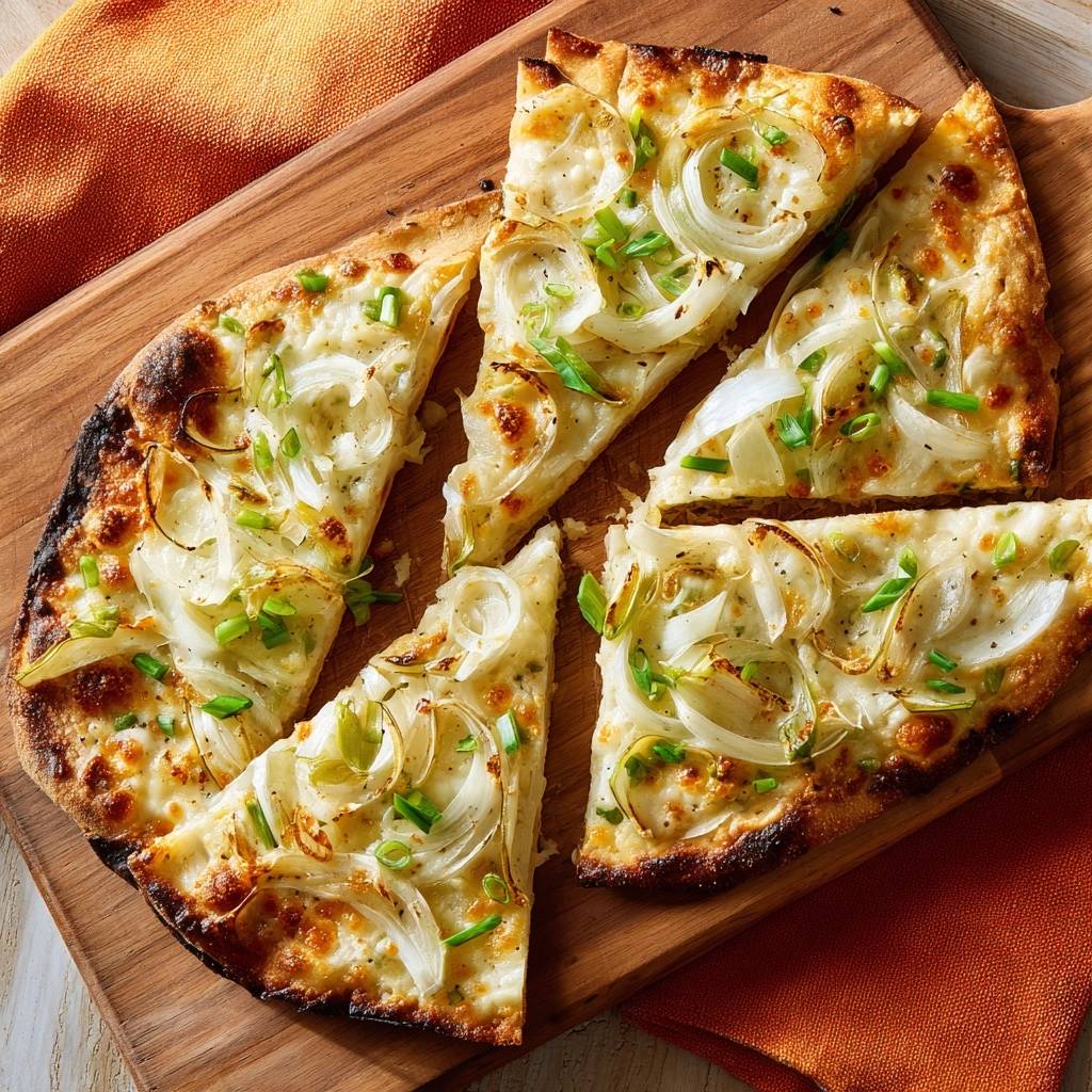 Knuspriges Zwiebel-Flatbread, von oben aufgenommen, zeigt die knusprige Kruste und die großzügige Zwiebelbelegung in saftigen Dreiecken.