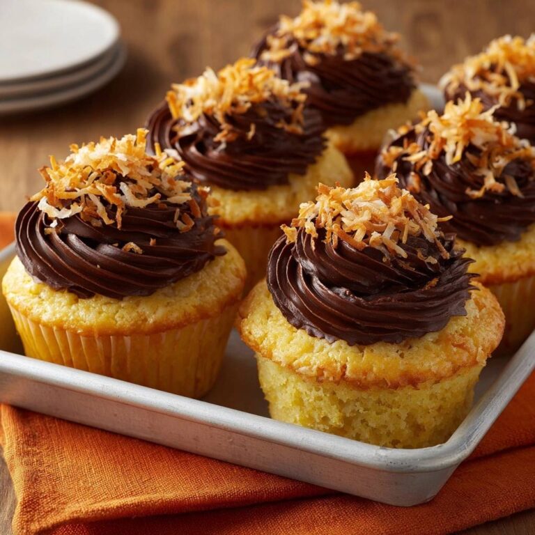 Kokos-Schokoladen-Cupcakes in Nahaufnahme, draufsicht. Die saftigen Cupcakes sind mit Schokoladen-Frosting und Kokosraspeln garniert.