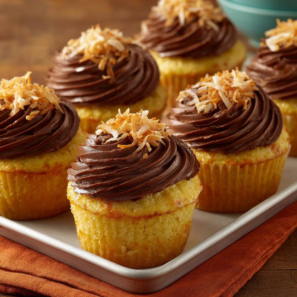 Kokos Schokoladen Cupcakes Draufsicht Serviert 1 Kokos-Schokoladen-Cupcakes, serviert auf einem Tablett, mit Schokoladenfrosting und Kokosraspeln garniert. Diese saftigen Cupcakes sind perfekt für jeden Anlass.