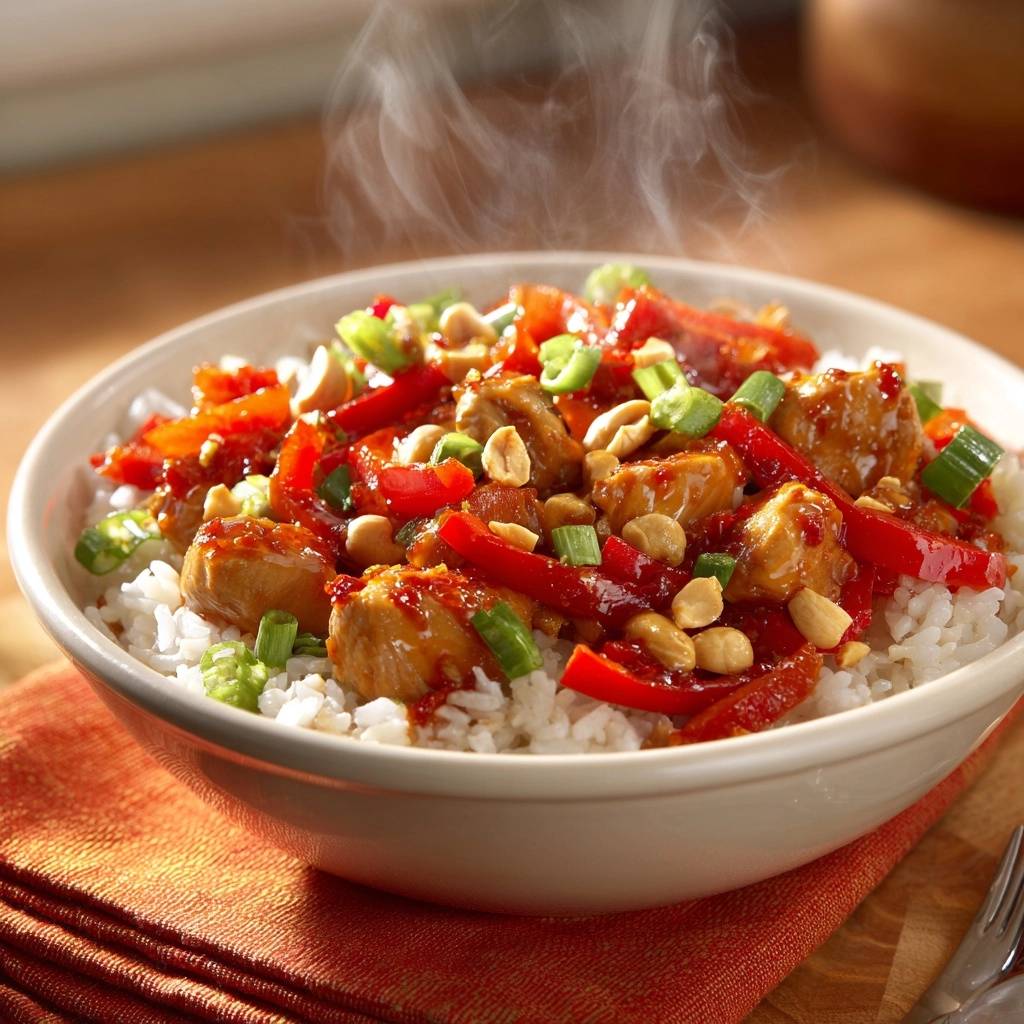 Kung Pao Huhnchen Mit Paprika Serviert 1 Würziges Kung Pao Hähnchen mit Paprika serviert in einer Schüssel mit Reis, garniert mit Erdnüssen und Frühlingszwiebeln.