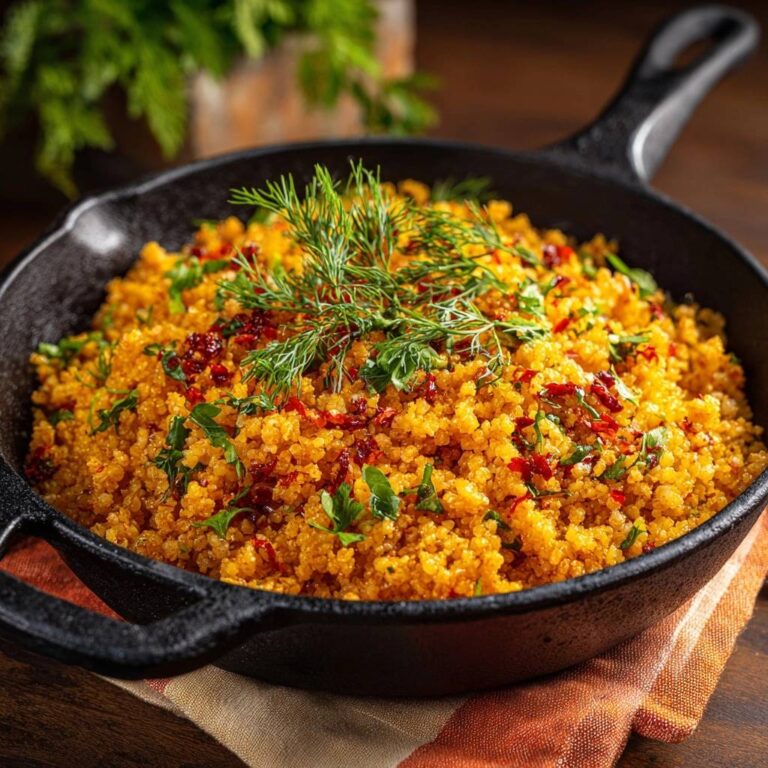 Mediterrane Bulgur-Pfanne mit Kräutern in einer schwarzen Pfanne, garniert mit frischen Kräutern und sonnengetrockneten Tomaten.