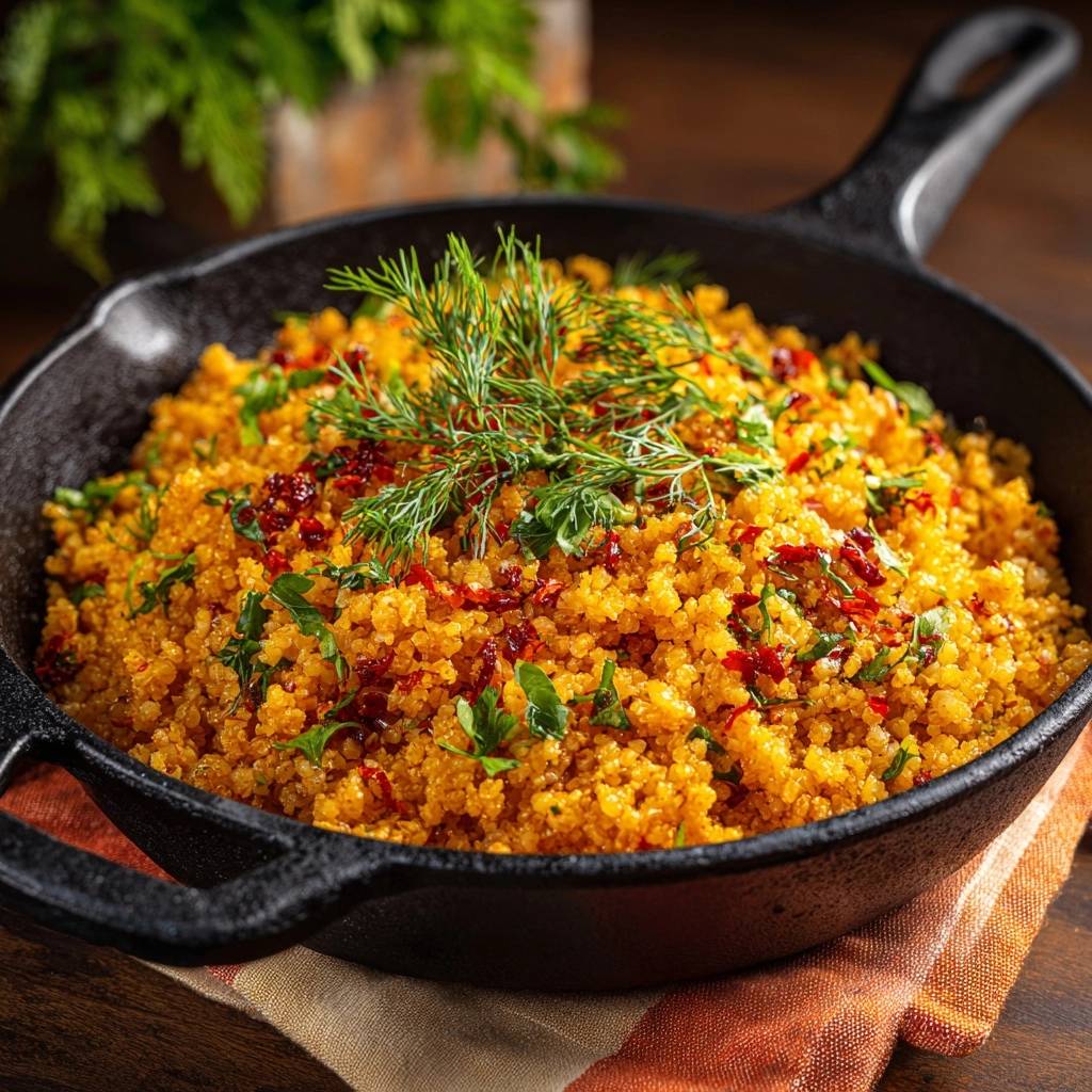 Mediterrane Bulgur-Pfanne mit Kräutern in einer schwarzen Pfanne, garniert mit frischen Kräutern und sonnengetrockneten Tomaten.