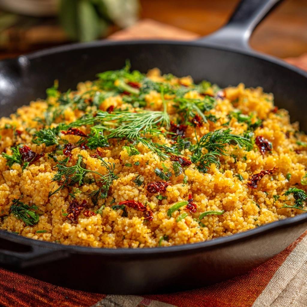 Mediterrane Bulgur Pfanne Mit Krutern Draufsicht 1 Mediterrane Bulgur-Pfanne mit Kräutern, serviert in einer gusseisernen Pfanne, garniert mit frischen Kräutern und sonnengetrockneten Tomaten.