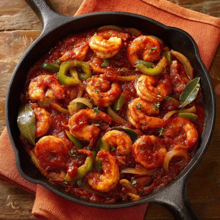 Mediterrane Garnelen-Pfanne in einer gusseisernen Pfanne, serviert mit Tomatensauce, Paprika und Zwiebeln, von oben fotografiert.