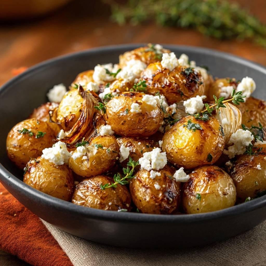 Mediterrane Roestkartoffeln Mit Feta Nahaufnahme 1 Mediterrane Röstkartoffeln mit Feta in einer Nahaufnahme, garniert mit frischem Thymian und zerbröseltem Feta-Käse.