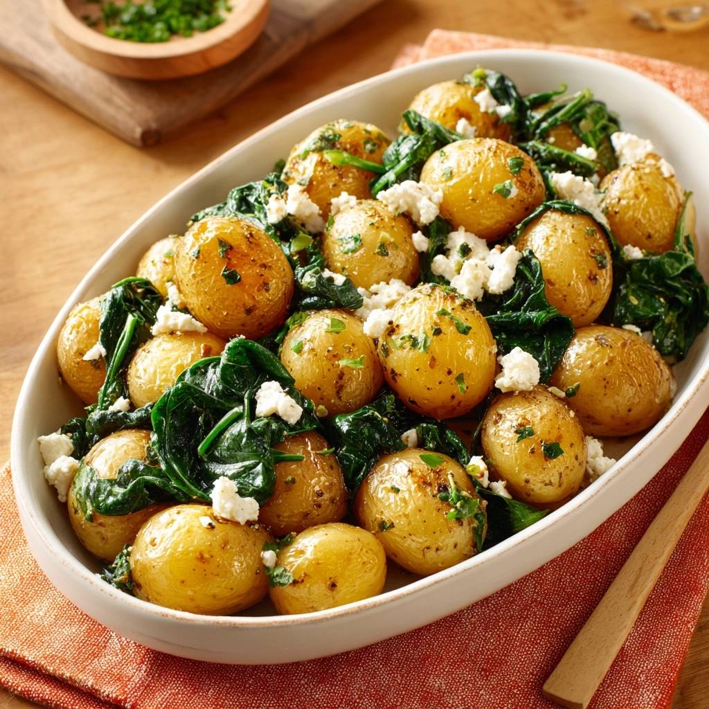 Mediterrane Roestkartoffeln Mit Spinat Und Feta Draufsicht 1 Mediterrane Röstkartoffeln mit Spinat und Feta in einer weissen Schüssel von oben gesehen, serviert mit frischen Kräutern und Feta-Käse.