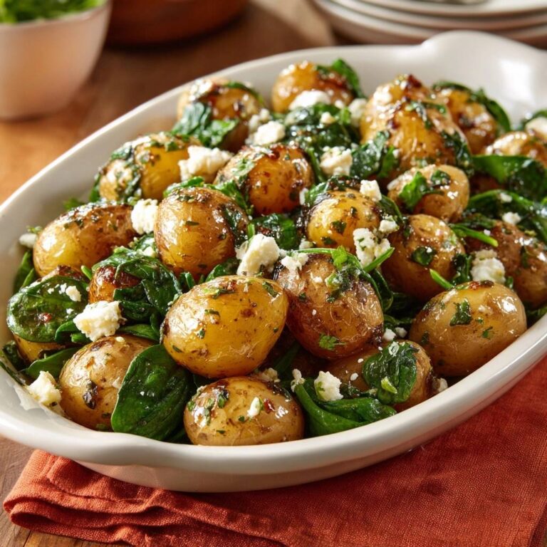 Mediterrane Röstkartoffeln mit Spinat und Feta in einer weissen Servierschale, serviert mit frischem Spinat und zerbröseltem Feta-Käse.