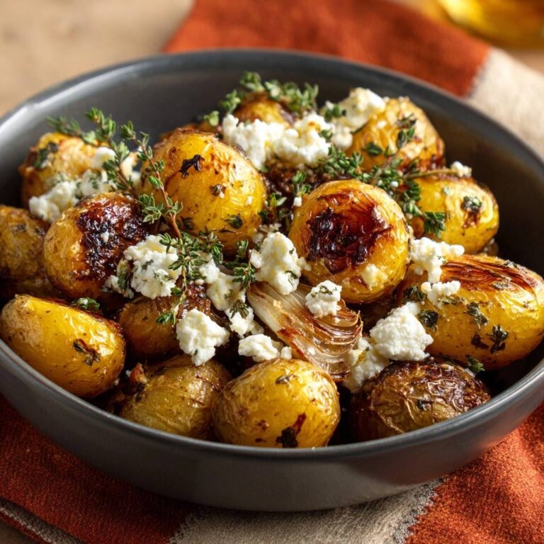 Mediterrane Röstkartoffeln mit Feta, serviert in einer dunklen Schüssel, garniert mit frischen Kräutern und cremigen Feta-Käse. Diese köstlichen Kartoffeln sind perfekt zubereitet.