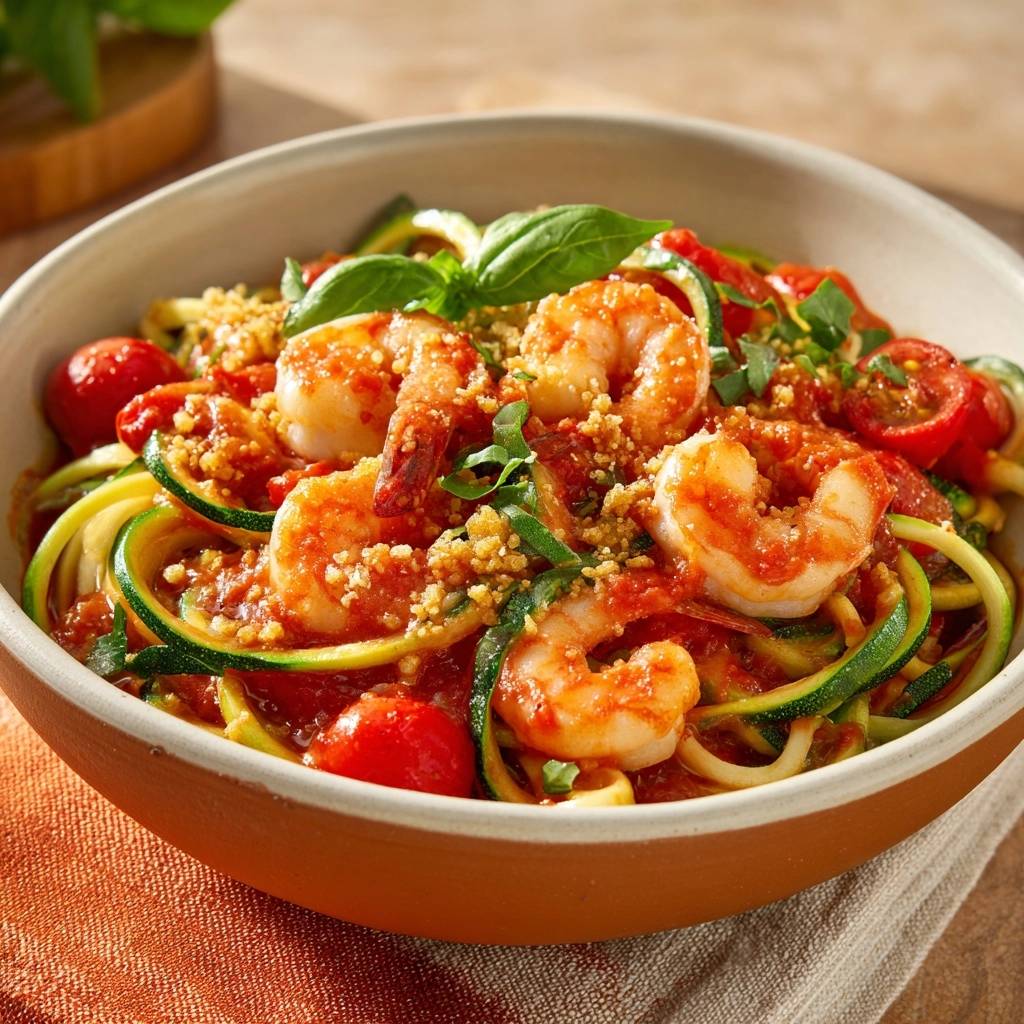 Mediterrane Zucchini Nudeln Mit Garnelen Serviert 1 Mediterrane Zucchini-Nudeln mit Garnelen, serviert in einer rustikalen Schüssel, garniert mit frischem Basilikum und Tomaten, ein leichter Genuss.