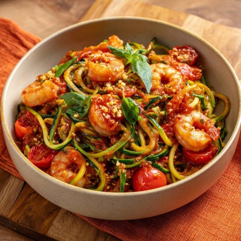 Mediterrane Zucchini-Nudeln mit Garnelen serviert in einer Schüssel, garniert mit frischem Basilikum und Tomaten, ein köstliches Low-Carb-Gericht.