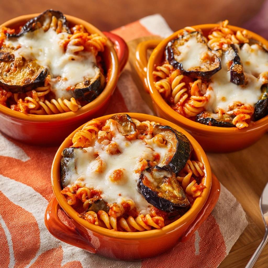 Mediterraner Pasta Auflauf Mit Aubergine Serviert 1 Mediterraner Pasta-Auflauf mit Aubergine serviert in kleinen Schalen, mit geschmolzenem Käse bedeckt und von oben betrachtet.
