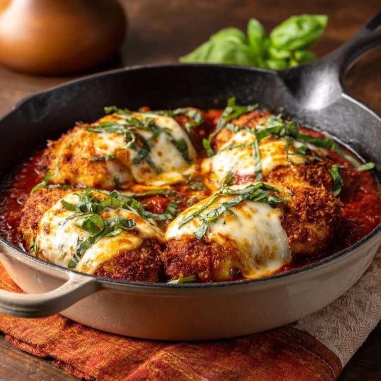 Mediterranes Hähnchen Parmesan in einer Pfanne serviert, bedeckt mit geschmolzenem Käse und frischem Basilikum von oben betrachtet.