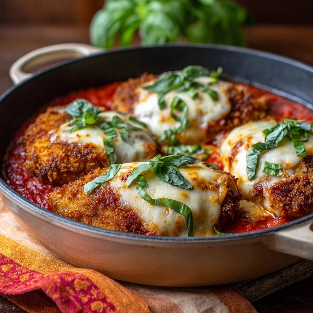 Mediterranes Huhn Parmesan Nahaufnahme Serviert 1 Mediterranes Hähnchen Parmesan in einer Pfanne serviert, mit geschmolzenem Käse und frischem Basilikum garniert, fertig zum Genießen.
