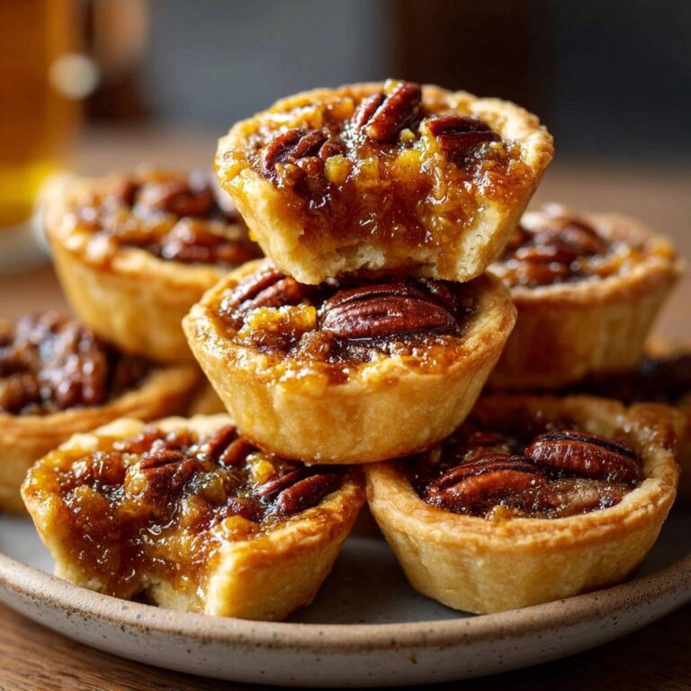 Mini Pekannuss Törtchen mit einem Biss, der die glänzende Karamellfüllung und die knusprigen Pekannüsse zeigt.
