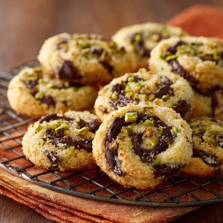 Pistazien-Schoko-Schnecken in Nahaufnahme auf einem Kühlgitter, mit Schokoladenfüllung und Pistazien verziert. Die frisch gebackenen Schnecken sind bereit zum Genießen.