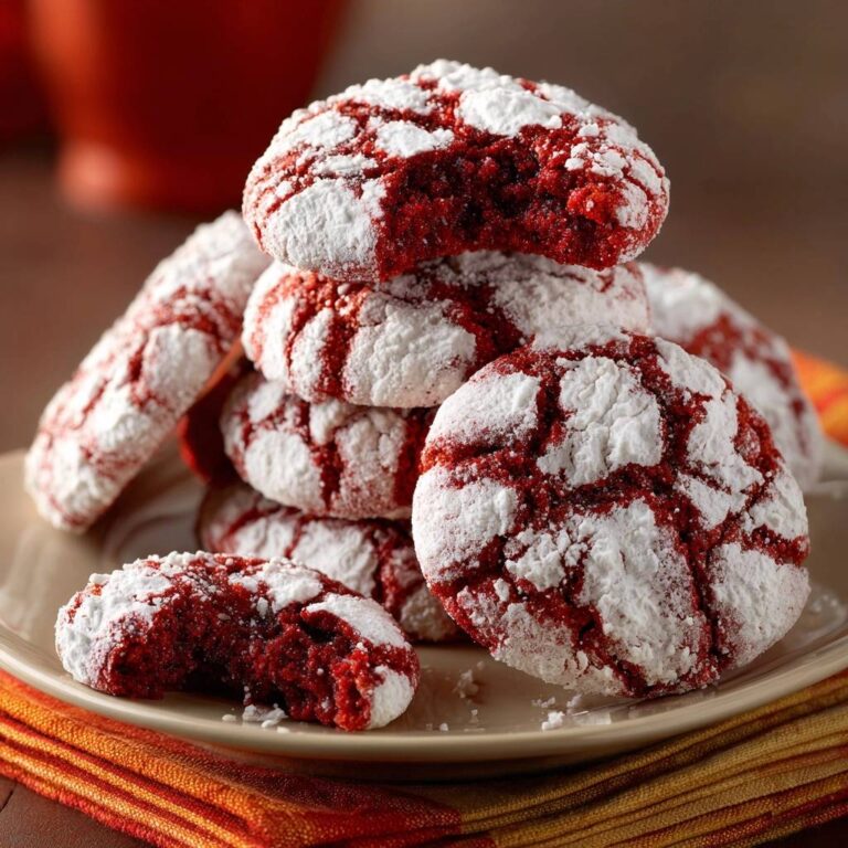 Red Velvet Crinkle Cookies, angeschnitten, zeigen das saftige Innere und die perfekte Kombination aus rotem Teig und Puderzucker.