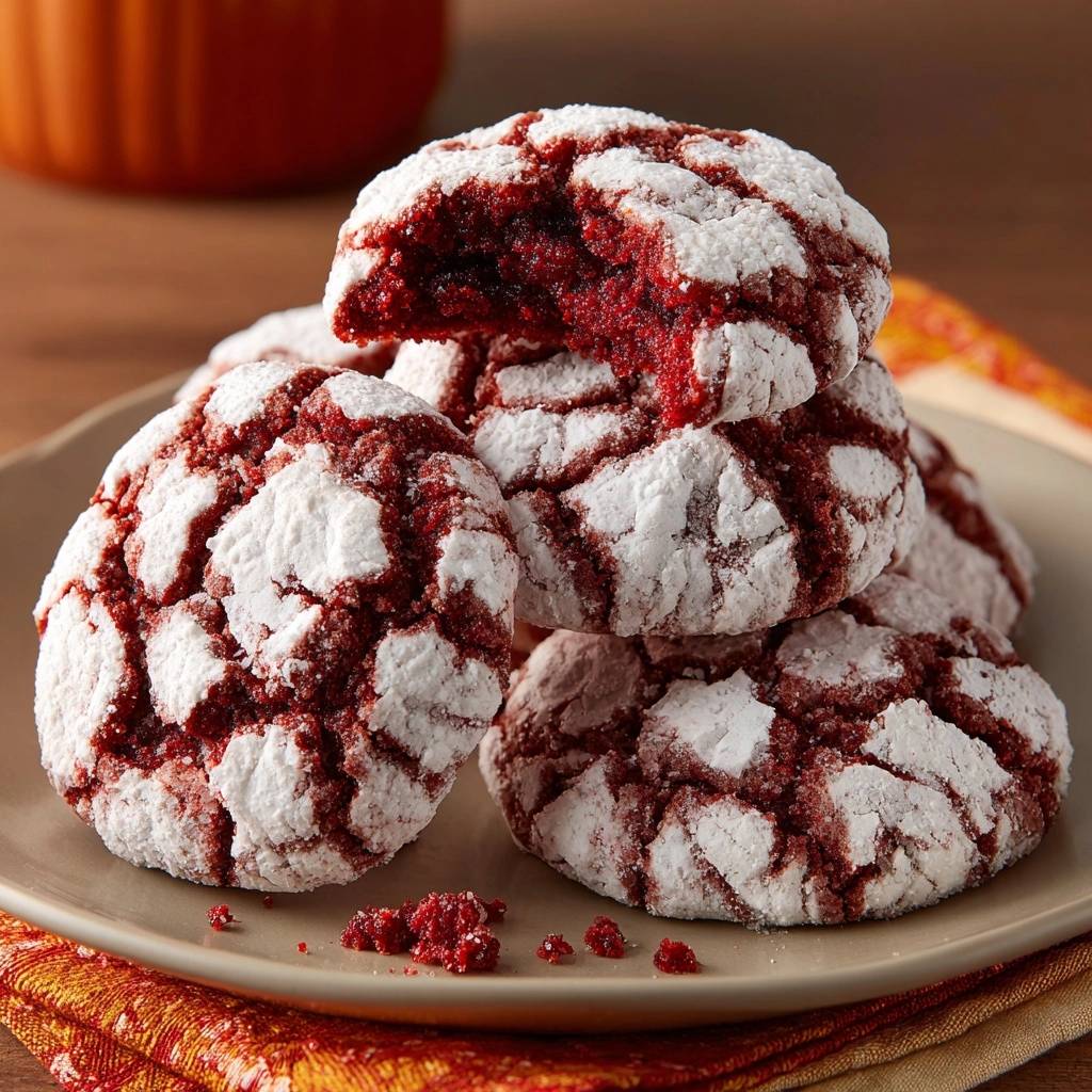 Red Velvet Crinkle Cookies Querschnitt 1 Red Velvet Crinkle Cookies mit einem verlockenden Querschnitt, der die samtige Textur und das leuchtende Rot zeigt.