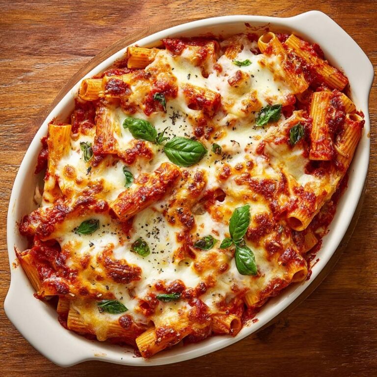Rigatoni al Forno mit Mozzarella in einer Auflaufform, von oben fotografiert, mit geschmolzenem Käse und frischem Basilikum.