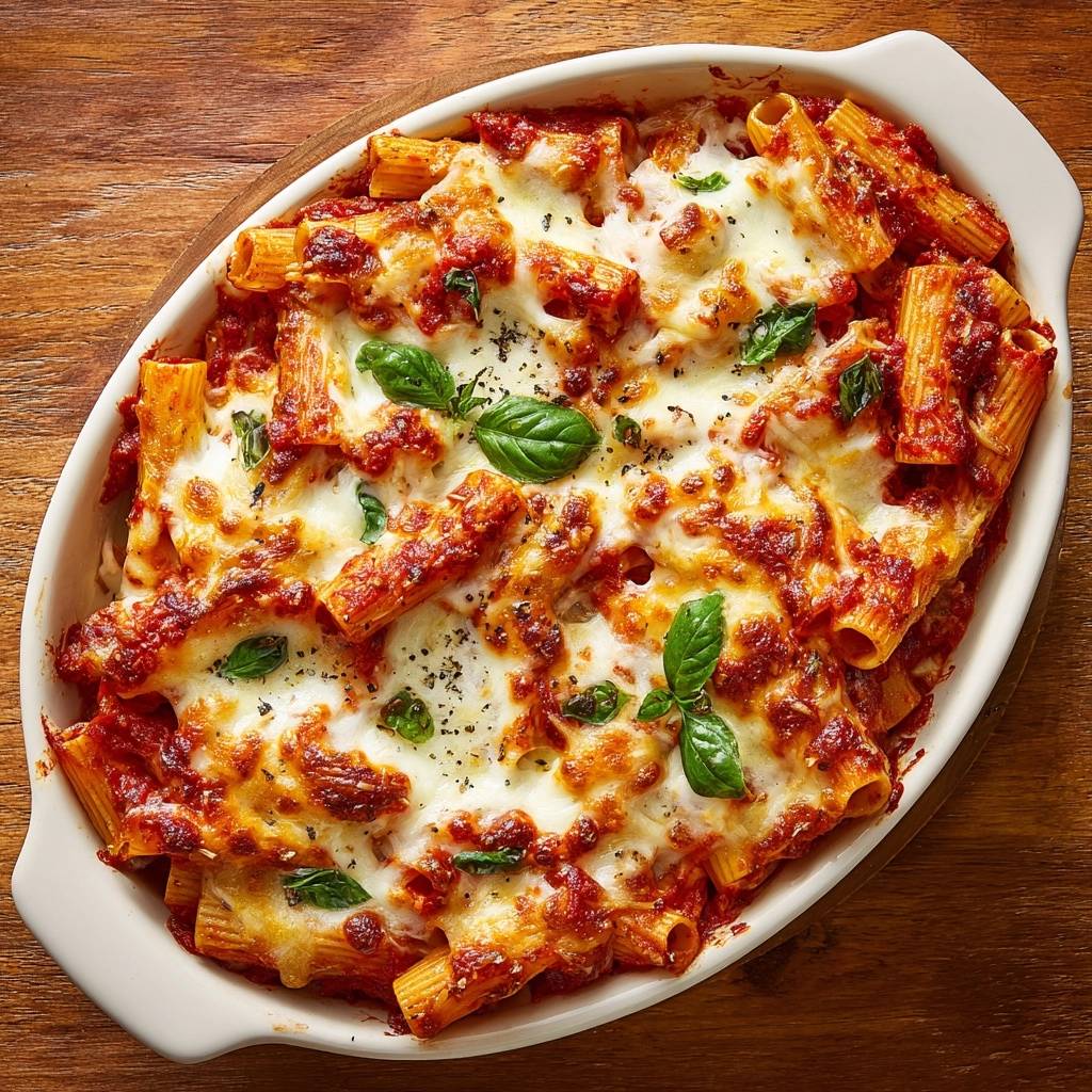 Rigatoni al Forno mit Mozzarella in einer Auflaufform, von oben fotografiert, mit geschmolzenem Käse und frischem Basilikum.
