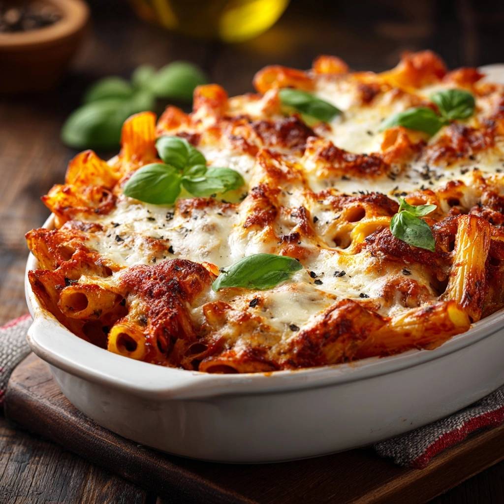 Rigatoni Al Forno Mit Mozzarella Draufsicht 1 Rigatoni al Forno mit Mozzarella in einer Auflaufform, garniert mit frischem Basilikum, von oben fotografiert. Der Käse ist goldbraun gebacken.