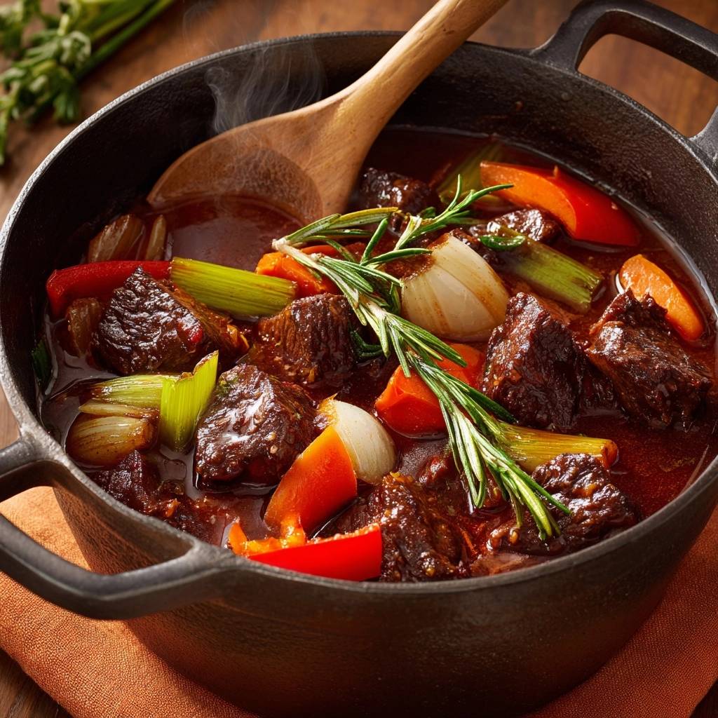 Rindergulasch Gusseisentopf Mit Gemuese Nahaufnahme 1 Herzhaftes Rindergulasch aus dem Gusseisentopf in Nahaufnahme, dampfend heiß serviert mit frischem Gemüse und Kräutern.