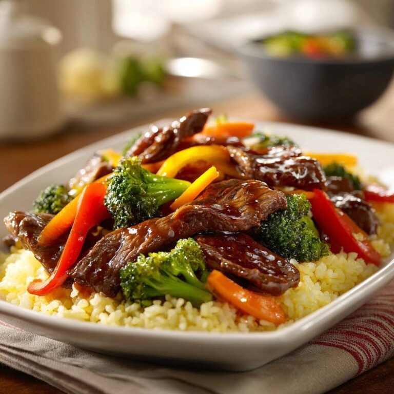 Rindfleisch-Pfanne mit Brokkoli und Paprika, serviert auf einer Platte mit Reis, ist ein herzhaftes und farbenfrohes Gericht. Die saftigen Fleischstücke sind mit Gemüse garniert.