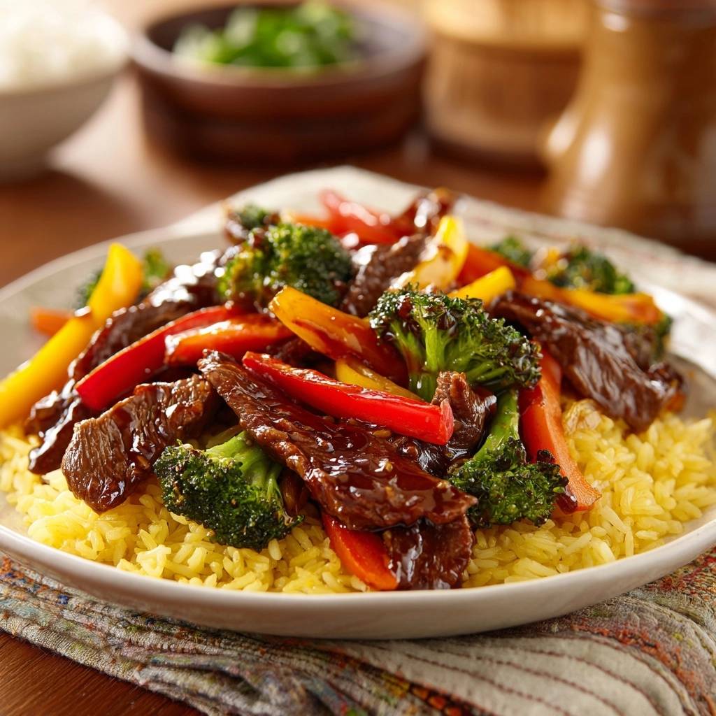 Rindfleisch Pfanne Mit Brokkoli Und Paprika Serviert 1 Rindfleisch-Pfanne mit Brokkoli und Paprika serviert auf gelbem Reis, mit saftigem Rindfleisch und buntem Gemüse, in Nahaufnahme.
