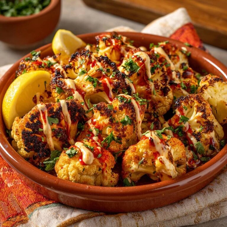 Röst-Blumenkohl mit Tahini-Drizzle in einer rustikalen Schüssel, garniert mit frischer Petersilie und einer leckeren Sauce.