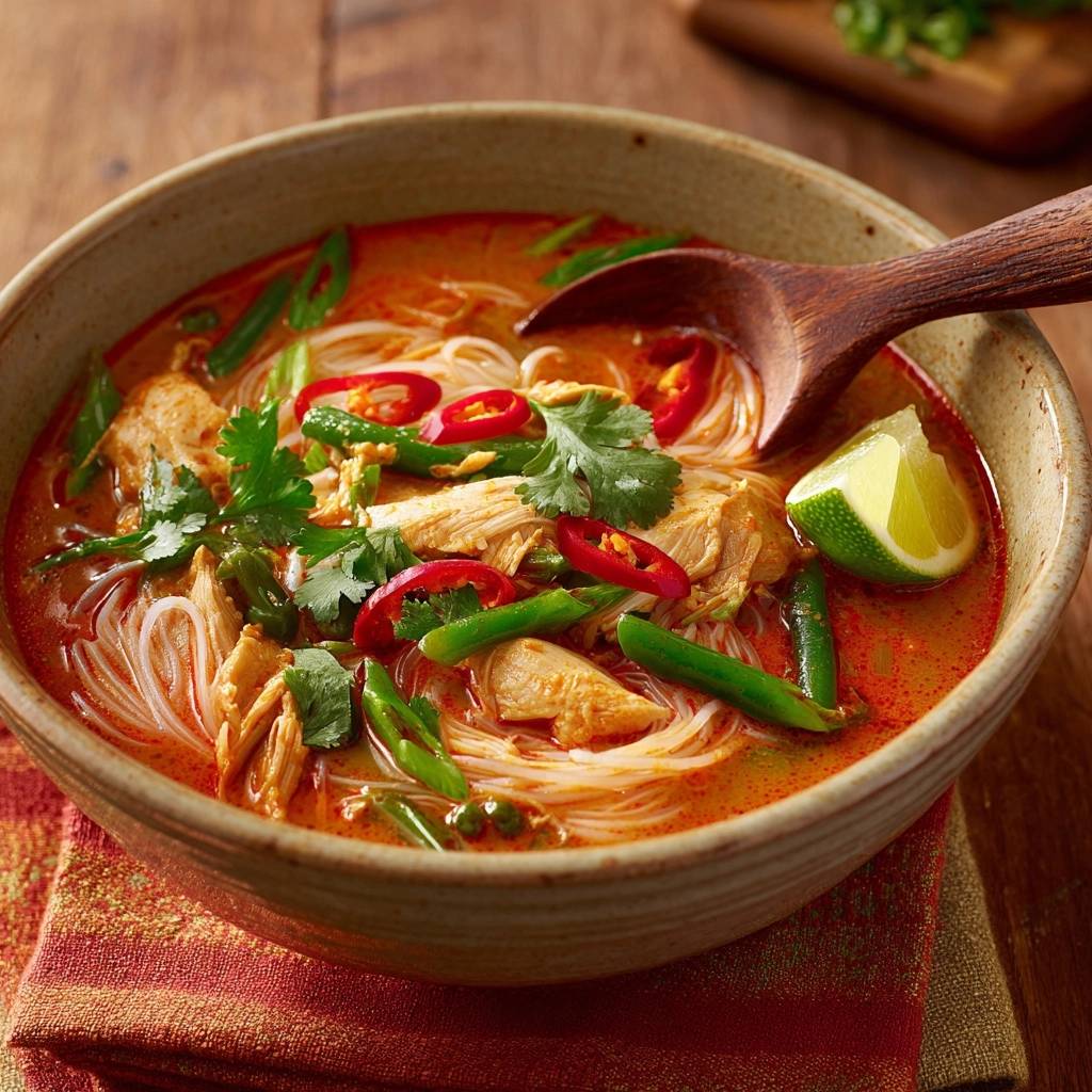 Rote Thai Curry Suppe Mit Huhn Serviert 1 Rote Thai-Curry-Suppe mit Hähnchen serviert in einer Schüssel mit frischem Koriander, Chili und Limettenspalte. Ein köstliches und schnelles 30-Minuten-Gericht.