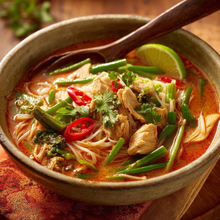 Rote Thai-Curry-Suppe mit Hähnchen serviert in einer rustikalen Schüssel, garniert mit frischen Zutaten und serviert mit einem Holzlöffel.