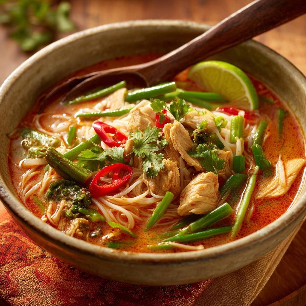 Rote Thai-Curry-Suppe mit Hähnchen serviert in einer rustikalen Schüssel, garniert mit frischen Zutaten und serviert mit einem Holzlöffel.