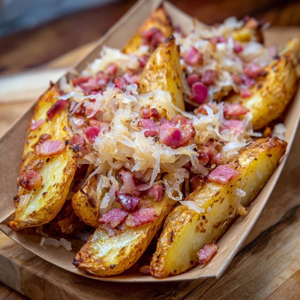 Rustikale Sauerkraut Speck Fritten Serviert 1 Rustikale Sauerkraut-Speck-Fritten serviert in einer Pappschale, mit knusprigen Kartoffelecken und herzhaften Speck- und Sauerkraut-Toppings.