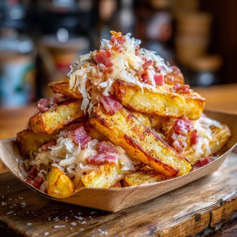 Rustikale Sauerkraut-Speck-Fritten serviert in einer Pappschale. Die knusprigen Fritten sind mit Speck und Sauerkraut belegt. Ein rustikales Gericht für Genießer.