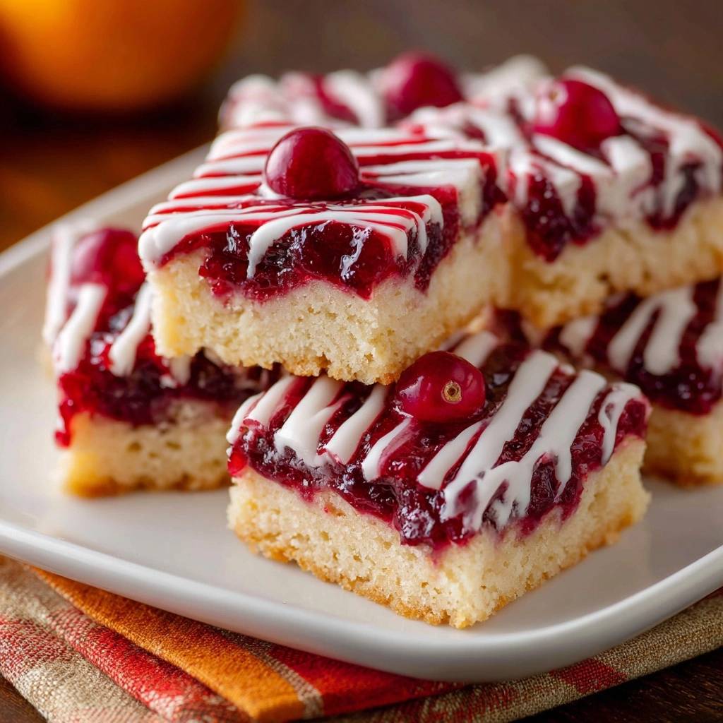 Saftige Cranberry Schnitten Nahaufnahme Serviert 1 Saftige Cranberry-Schnitten, serviert auf einem weißen Teller, zeigen eine Nahaufnahme des leckeren Desserts mit Cranberry-Füllung und Zuckerguss.