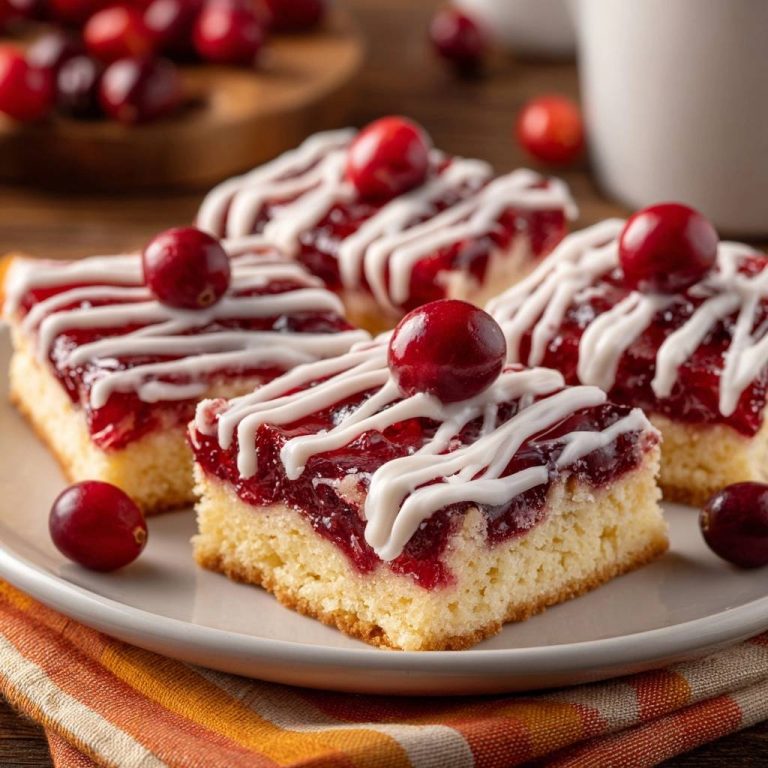 Saftige Cranberry-Schnitten serviert auf einem Teller mit frischen Cranberries und weißem Zuckerguss verziert. Die saftigen Kuchenstücke sind appetitlich angerichtet.