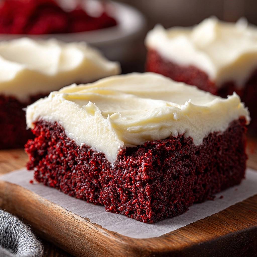 Saftige Red Velvet Schnitten Nahaufnahme 1 Saftige Red Velvet Schnitten in Nahaufnahme auf einem Holzbrett serviert, mit cremiger Frischkäse-Glasur und samtiger Kuchen-Textur.