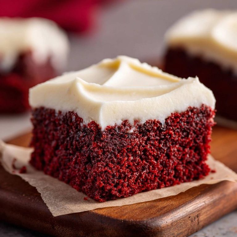 Saftige Red Velvet Schnitten: Ein Nahaufnahme-Querschnitt zeigt die samtige Textur des roten Kuchens mit cremiger Frischkäse-Glasur.