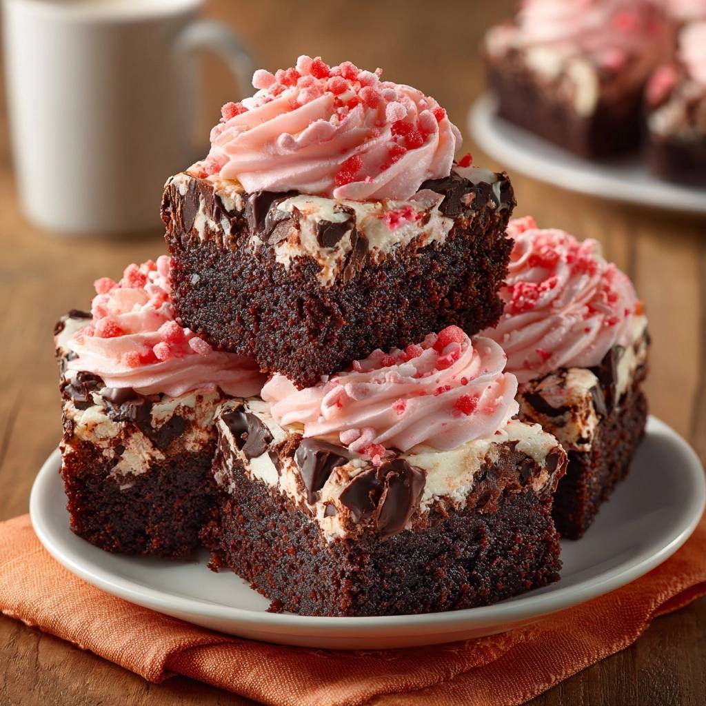 Saftige Schoko Brownies Mit Erdbeer Frosting Gestapelt 1 Saftige Schoko-Brownies mit Erdbeer-Frosting sind auf einem Teller gestapelt, garniert mit rosa Creme und Streuseln.