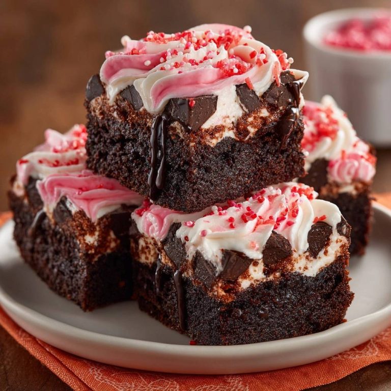 Saftige Schoko-Brownies mit Erdbeer-Frosting sind hier gestapelt, mit cremiger rosa Glasur und bunten Streuseln dekoriert.