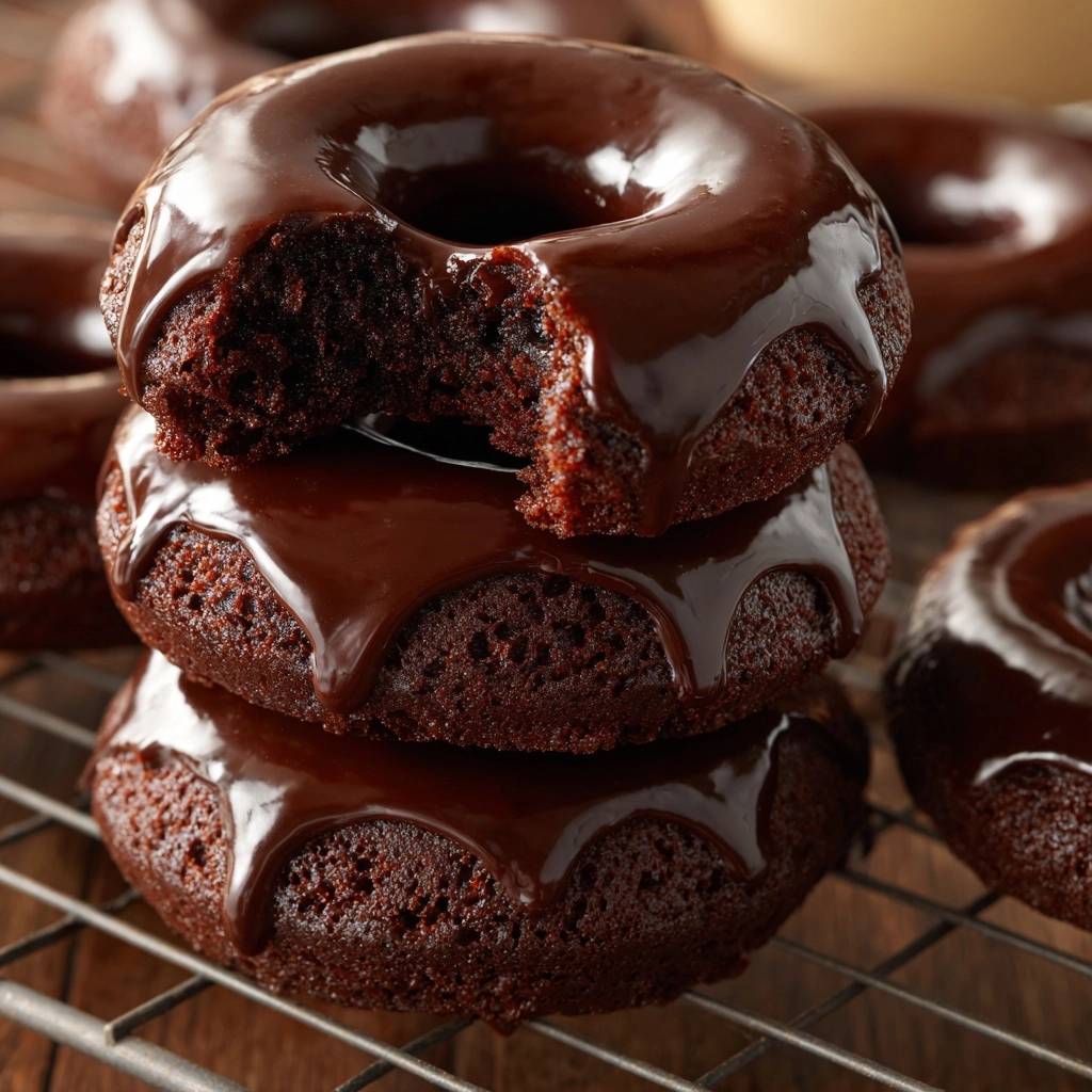 Saftige Schokoladen Donuts Aus Dem Ofen Angeschnitten 1 Saftige Schokoladen-Donuts aus dem Ofen, angeschnitten, zeigen den weichen, dunklen Schokoladenkuchen und die glänzende Glasur.